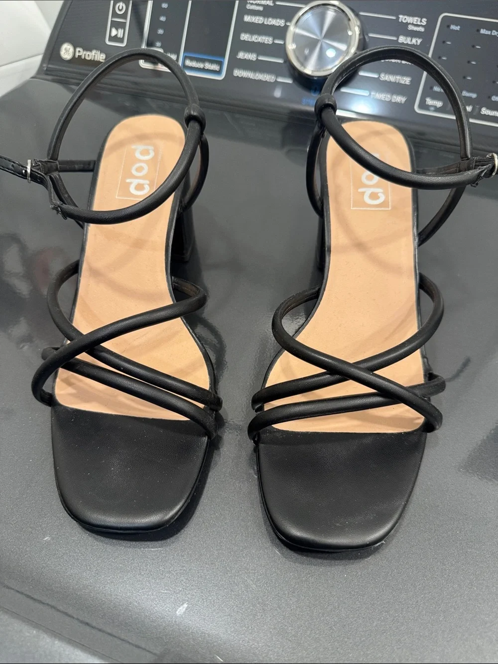 POP Agreeable Black Strappy Square Toe Block Heel Sandals in 10M